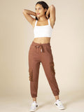 Women’s High Waist Cargo Jogger Pants – Brown Drawstring Elastic Waist Casual Trousers