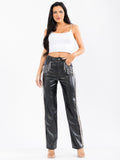 High Waist Faux Leather Pants for Women – Shiny Straight Leg Slim Fit Trousers