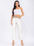 Women’s High-Waist Colorblock Straight Pants – Beige and Khaki Contrast Design Slim Fit Trousers