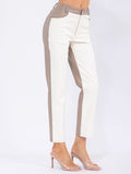 Women’s High-Waist Colorblock Straight Pants – Beige and Khaki Contrast Design Slim Fit Trousers