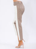 Women’s High-Waist Colorblock Straight Pants – Beige and Khaki Contrast Design Slim Fit Trousers