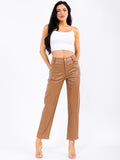Women’s High-Waist Faux Leather Straight Pants – Caramel Brown Glossy Finish Slim Fit Trousers