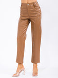 Women’s High-Waist Faux Leather Straight Pants – Caramel Brown Glossy Finish Slim Fit Trousers