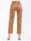 Women’s High-Waist Faux Leather Straight Pants – Caramel Brown Glossy Finish Slim Fit Trousers