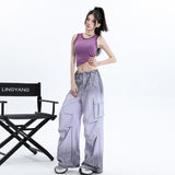 Women’s High-Waist Lavender Cargo Wide-Leg Pants – Loose Straight Utility Trousers with Adjustable Drawstring Hems