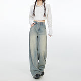 Women’s High-Waist Vintage Washed Wide-Leg Jeans – Light Grey-Blue Baggy Floor-Length Denim