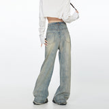 Women’s High-Waist Vintage Washed Wide-Leg Jeans – Light Grey-Blue Baggy Floor-Length Denim