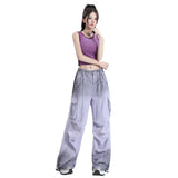 Women’s High-Waist Lavender Cargo Wide-Leg Pants – Loose Straight Utility Trousers with Adjustable Drawstring Hems