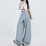 High-Waist Gray Wide-Leg Pants for Women – Loose Fit Straight Trousers, Elegant Casual Office Long Pants