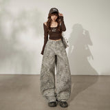 Women’s Parachute Wide-Leg Pants – Grey Abstract Print, High-Waist Elastic Drawstring, Adjustable Cuffed Utility Trousers