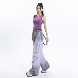 Women’s High-Waist Lavender Cargo Wide-Leg Pants – Loose Straight Utility Trousers with Adjustable Drawstring Hems