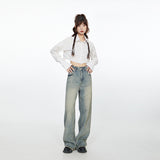 Women’s High-Waist Vintage Washed Wide-Leg Jeans – Light Grey-Blue Baggy Floor-Length Denim