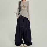 High-Waist Dark Blue Wide-Leg Jeans for Women – Loose Vintage Straight Denim Pants, Casual Slimming Long Trousers