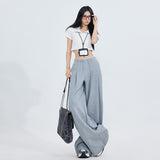 High-Waist Gray Wide-Leg Pants for Women – Loose Fit Straight Trousers, Elegant Casual Office Long Pants