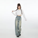 Women’s High-Waist Vintage Washed Wide-Leg Jeans – Light Grey-Blue Baggy Floor-Length Denim