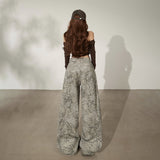 Women’s Parachute Wide-Leg Pants – Grey Abstract Print, High-Waist Elastic Drawstring, Adjustable Cuffed Utility Trousers