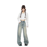 Women’s High-Waist Vintage Washed Wide-Leg Jeans – Light Grey-Blue Baggy Floor-Length Denim