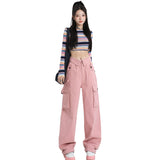 Women’s High-Waist Pink Cargo Wide-Leg Pants – Loose Street Style Utility Trousers, Trendy Relaxed Fit for Spring & Autumn
