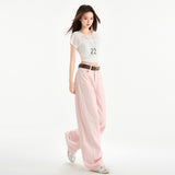 High-Waist Pink Wide-Leg Pants for Women – Loose Fit Casual Straight Trousers, Korean Style Elegant Long Pants