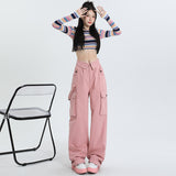 Women’s High-Waist Pink Cargo Wide-Leg Pants – Loose Street Style Utility Trousers, Trendy Relaxed Fit for Spring & Autumn