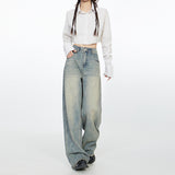 Women’s High-Waist Vintage Washed Wide-Leg Jeans – Light Grey-Blue Baggy Floor-Length Denim