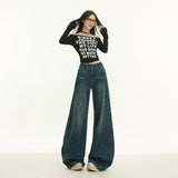 Women’s High-Waist Wide-Leg Jeans – Dark Blue Vintage Loose Fit Denim Trousers