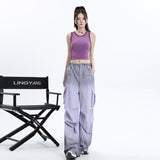 Women’s High-Waist Lavender Cargo Wide-Leg Pants – Loose Straight Utility Trousers with Adjustable Drawstring Hems