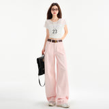 High-Waist Pink Wide-Leg Pants for Women – Loose Fit Casual Straight Trousers, Korean Style Elegant Long Pants