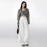 Women’s High-Waist Wide-Leg Trousers – White Elegant Loose Fit Floor-Length Pants