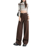 High-Waist Brown Wide-Leg Pants for Women – Casual Loose Straight Trousers, Elegant Slimming Fall/Winter Style