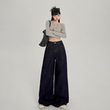 High-Waist Dark Blue Wide-Leg Jeans for Women – Loose Vintage Straight Denim Pants, Casual Slimming Long Trousers