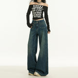 Women’s High-Waist Wide-Leg Jeans – Dark Blue Vintage Loose Fit Denim Trousers