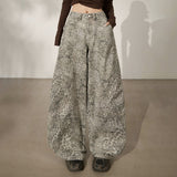 Women’s Parachute Wide-Leg Pants – Grey Abstract Print, High-Waist Elastic Drawstring, Adjustable Cuffed Utility Trousers