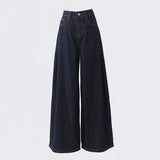 High-Waist Dark Blue Wide-Leg Jeans for Women – Loose Vintage Straight Denim Pants, Casual Slimming Long Trousers