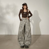 Women’s Parachute Wide-Leg Pants – Grey Abstract Print, High-Waist Elastic Drawstring, Adjustable Cuffed Utility Trousers