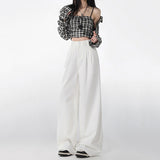 Women’s High-Waist Wide-Leg Trousers – White Elegant Loose Fit Floor-Length Pants