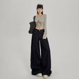 High-Waist Dark Blue Wide-Leg Jeans for Women – Loose Vintage Straight Denim Pants, Casual Slimming Long Trousers