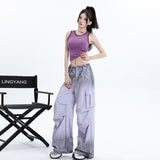 Women’s High-Waist Lavender Cargo Wide-Leg Pants – Loose Straight Utility Trousers with Adjustable Drawstring Hems