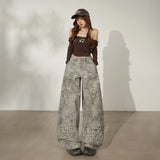 Women’s Parachute Wide-Leg Pants – Grey Abstract Print, High-Waist Elastic Drawstring, Adjustable Cuffed Utility Trousers