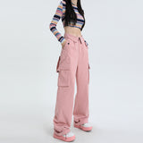 Women’s High-Waist Pink Cargo Wide-Leg Pants – Loose Street Style Utility Trousers, Trendy Relaxed Fit for Spring & Autumn