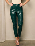 Women’s High-Waist Glossy Faux Leather Pants – Slim Ankle-Length Pencil Trousers in Deep Green